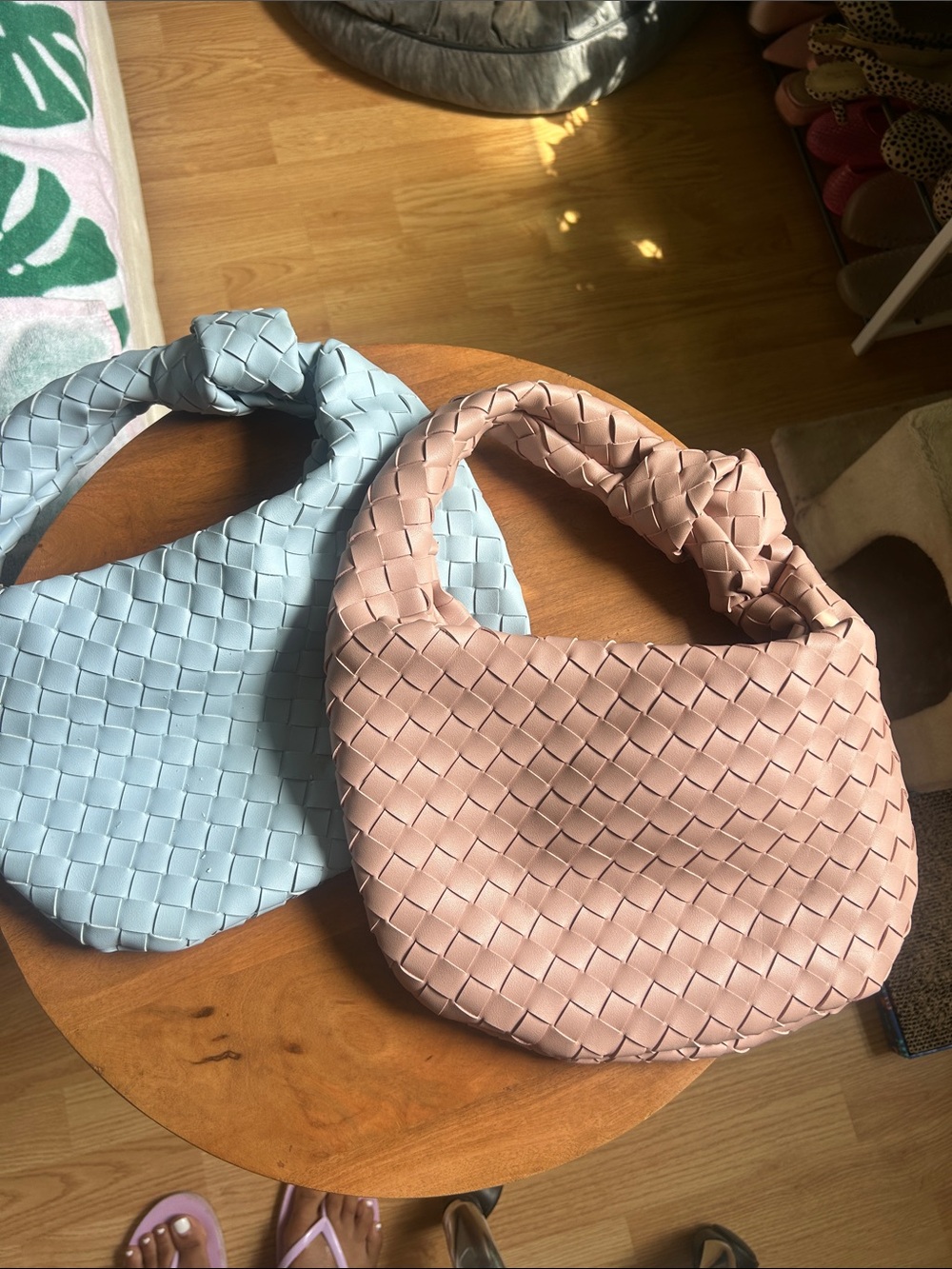 Woven Knot-Handle Shoulder Bag Bundle- Pink/Blue
